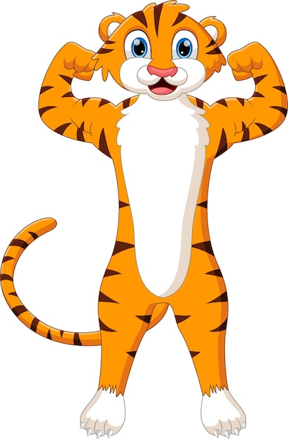 Vector tigre lindo de dibujos animados posando mostrando músculos