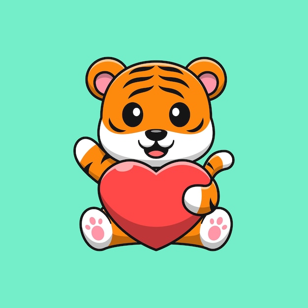 El tigre lindo está sentado sosteniendo la ilustración del icono del vector de dibujos animados de amor. estilo de dibujos animados plana.