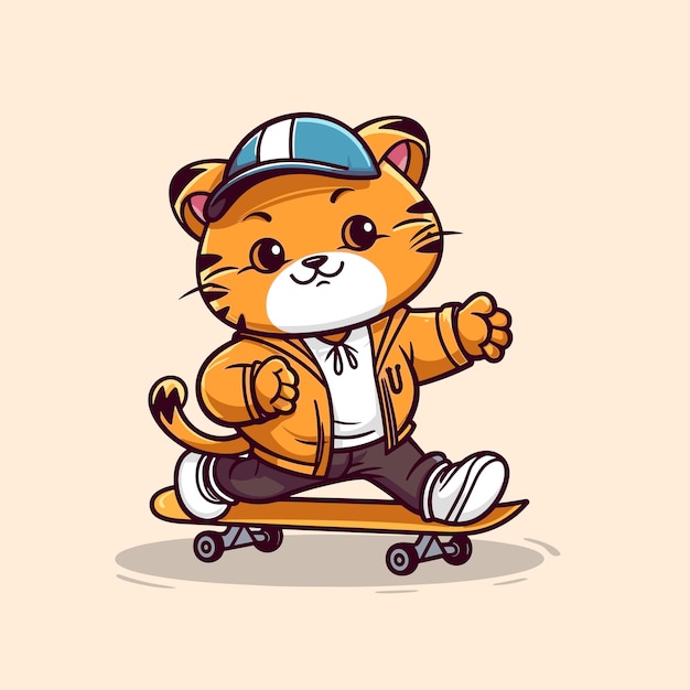 Un tigre lindo montando en patineta es un deporte de verano. Ilustración vectorial.