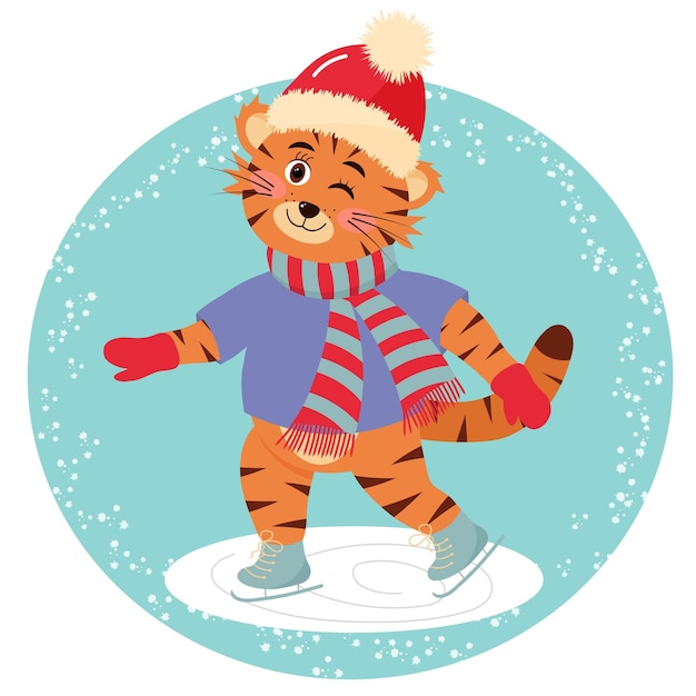 Tigre lindo patina con sombrero y bufanda. tarjeta de vector de navidad o año nuevo.