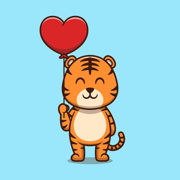 Tigre lindo que sostiene el ejemplo del icono de la historieta del globo del amor