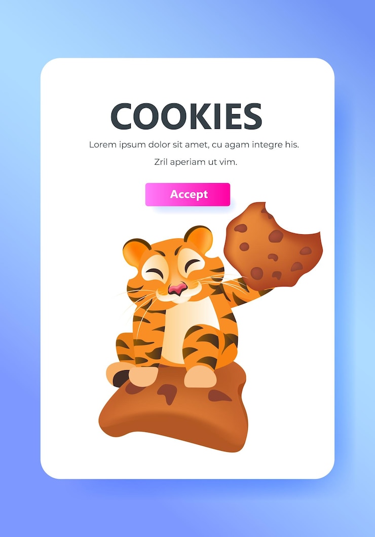 Vector tigre lindo que sostiene la protección de cookies de la información personal en la web de internet pop-up usamos el concepto de notificación de política de cookies espacio de copia ilustración vectorial vertical