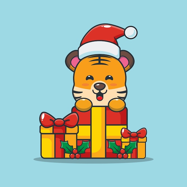 Tigre lindo con regalo de Navidad Ilustración de dibujos animados lindo de Navidad