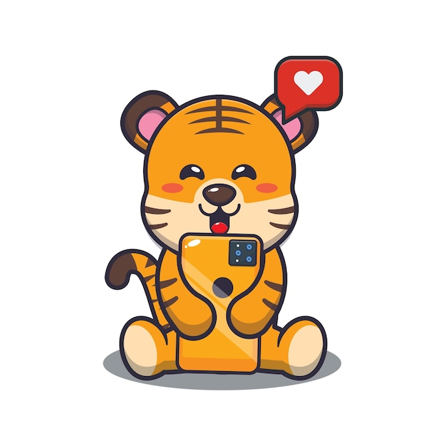 Tigre lindo con teléfono Ilustración de dibujos animados de animales lindos
