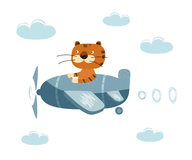 Un tigre lindo vuela en un avión entre las nubes Piloto de niños divertidos