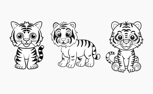 Tigre líneas gruesas simples niños o niños dibujos animados páginas de libros de colorear tigres línea de arte vector