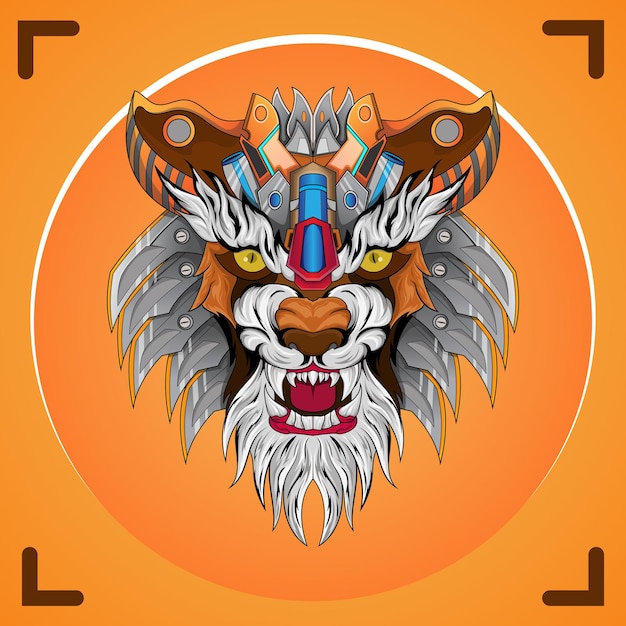 Tigre o león mecha cyborg bestia vector de cabeza perfecto para el diseño de camisetas, carteles de mercancías, pegatinas, etc.