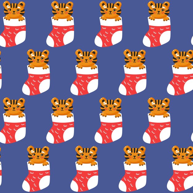 Tigre en patrón sin costuras de calcetín de regalo de Navidad Impresión repetible de bebé fresco Ilustración vectorial