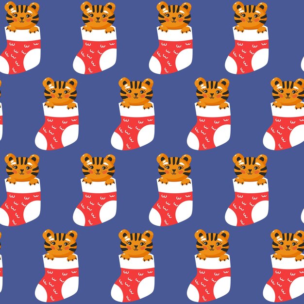 Tigre en patrón sin costuras de calcetín de regalo de navidad impresión repetible de bebé fresco ilustración vectorial