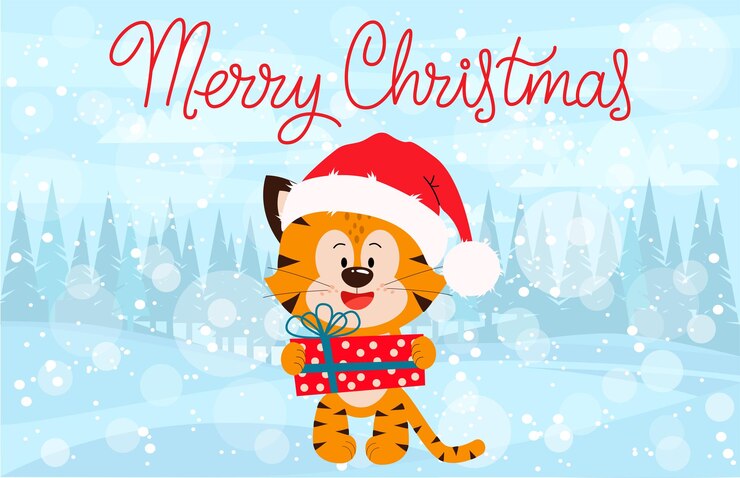 Vector un tigre con un regalo una tarjeta de navidad tarjeta de navidad con deseos de vacaciones caligráficos