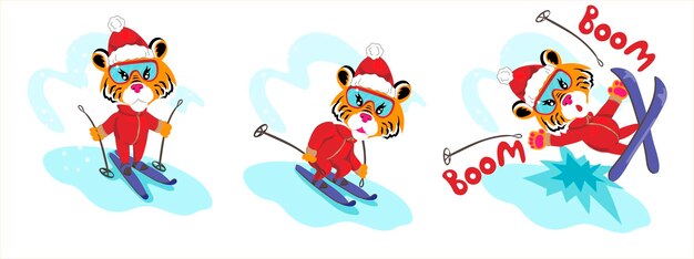 Vector tigre con ropa de santa claus el tigre esquiando con traje rojo y sombrero tarjeta de navidad divertida