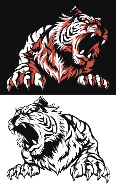 Tigre de silueta rugiendo ilustración de icono de logotipo de vista frontal en estilo blanco y negro