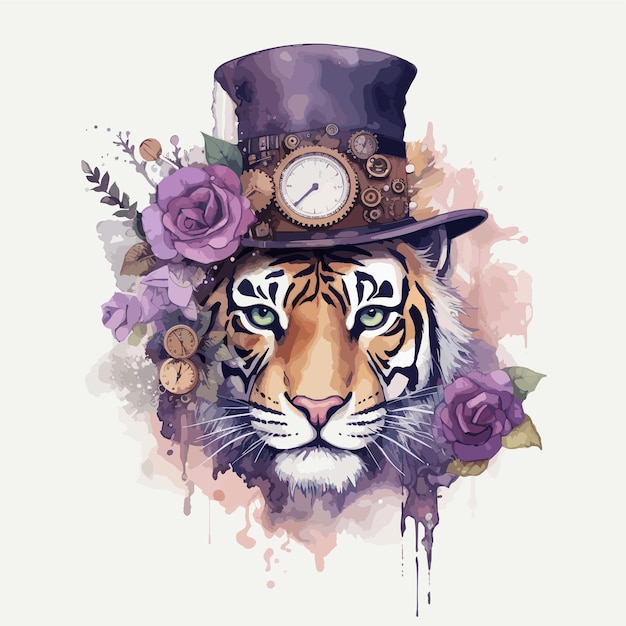 Un tigre con un sombrero con un reloj en él.