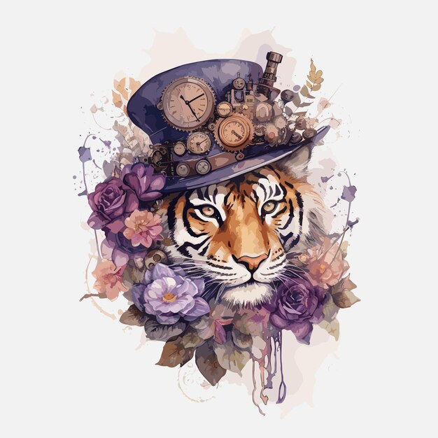 Vector un tigre con un sombrero con un reloj en él.