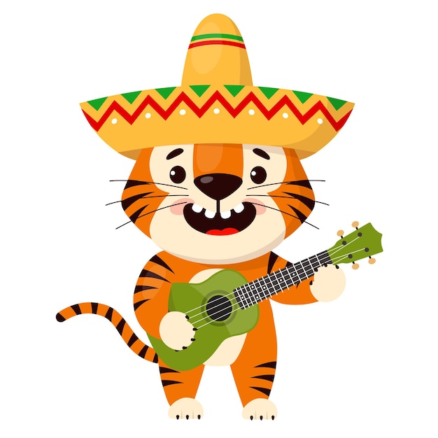 Tigre sonriente de dibujos animados lindo en un sombrero toca la guitarra símbolo del año del tigre