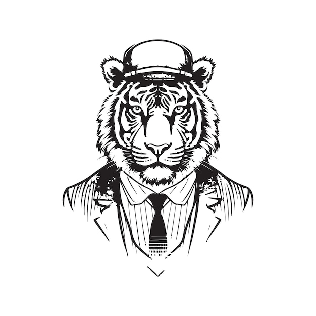 Tigre con traje vintage logo línea arte concepto blanco y negro color dibujado a mano ilustración