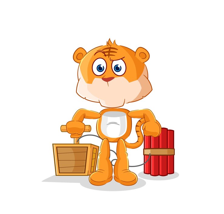 Vector tigre con vector de mascota de dibujos animados de detonador de dinamita