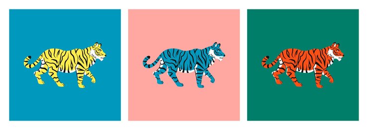 Tigres Conjunto de 3 ilustraciones dibujadas a mano Tigre abstracto se coloca de lado Diseño colorido brillante