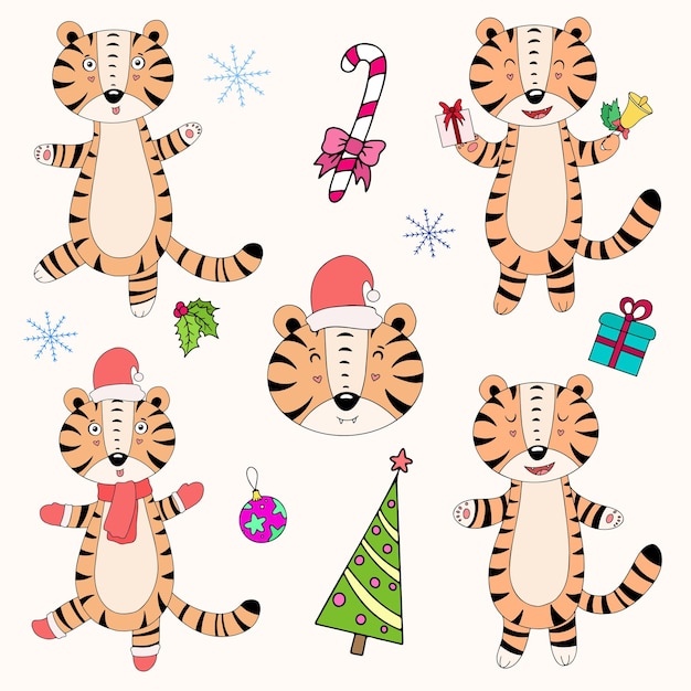 Tigres de dibujos animados lindo de Navidad, ilustración vectorial