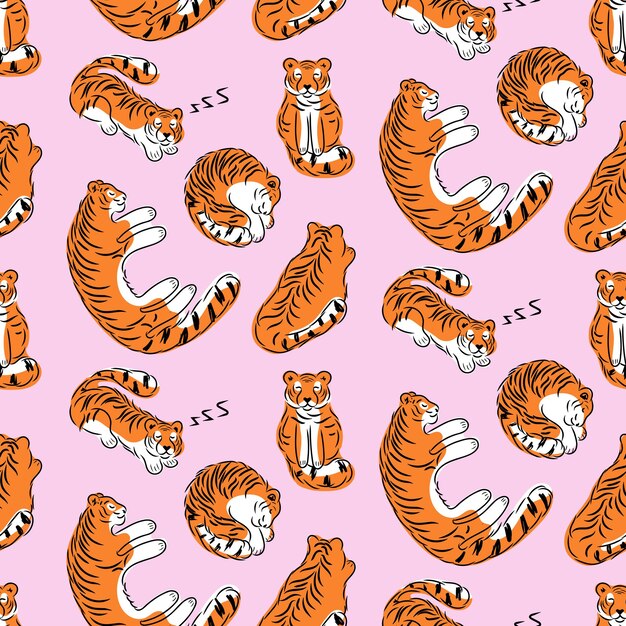 Tigres durmientes de patrones sin fisuras Gatos rojos tumbados en varias poses lindos animales salvajes divertidos garabatos estampados Ilustración vectorial aislada sobre fondo rosa