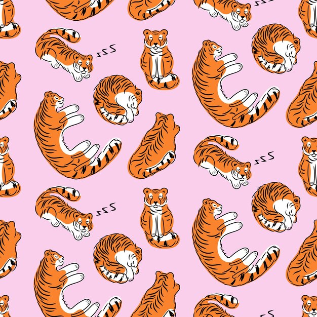 Tigres durmientes de patrones sin fisuras Gatos rojos tumbados en varias poses lindos animales salvajes divertidos garabatos estampados Ilustración vectorial aislada sobre fondo rosa