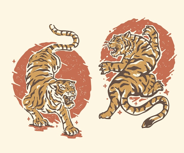 Vector tigres de tema japonés vintage