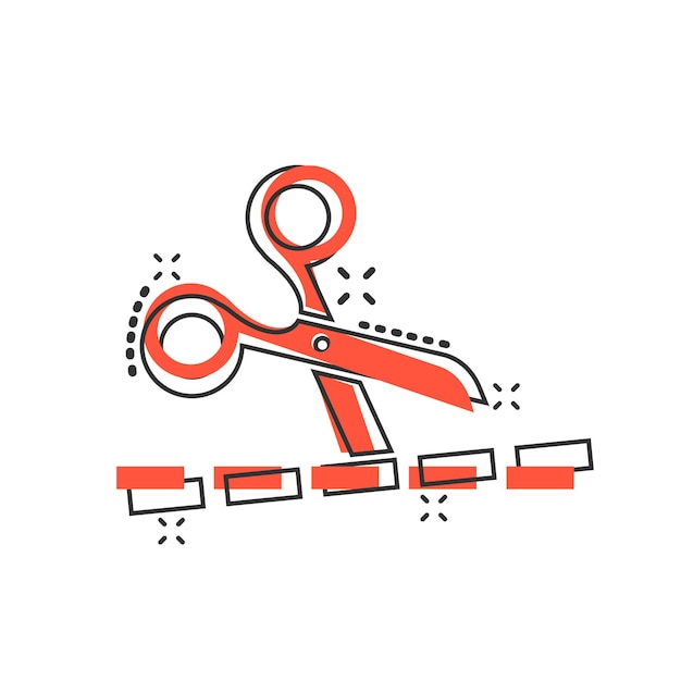 Tijera con icono de línea de corte en estilo cómico Ilustración de vector de dibujos animados de equipo de corte sobre fondo blanco aislado Concepto de negocio de efecto de salpicadura de cortador
