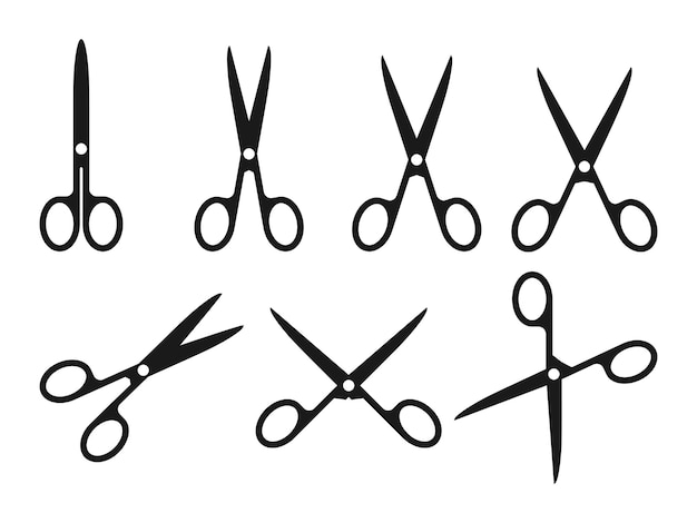 Vector tijera silueta negra conjunto de iconos de cizalla de costura o escuela y oficina diferentes tijeras abiertas o c ...