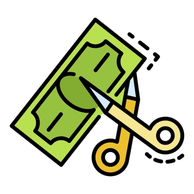 Tijeras cortan icono de dinero Contorno tijeras cortan dinero vector icono color plano aislado en blanco