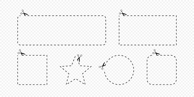 Tijeras con icono de línea de corte Tijeras con contornos recortados de formas rectángulo cuadrado y círculo