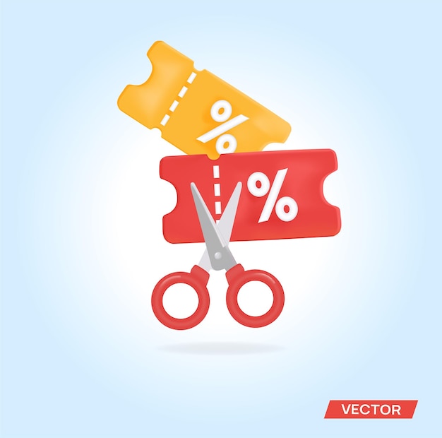 Tijeras junto a un cupón de descuento. Poner a la venta banner y grandes ofertas. vector 3d en alta calidad
