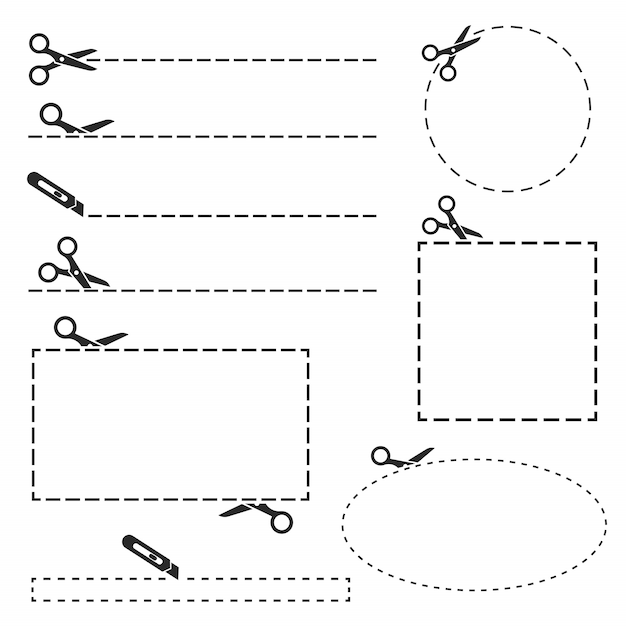 Vector tijeras negras con líneas de corte establecidas.