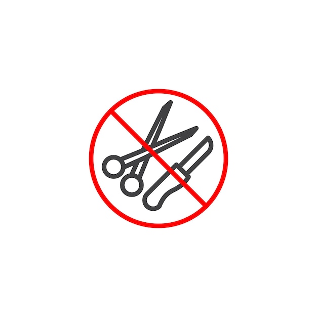 Sin tijeras o sin cuchillos Signo Icon Set Cuchillos y tijeras afilados Objetos prohibidos Símbolo vectorial en un estilo negro lleno y delineado Signo de precaución de corte