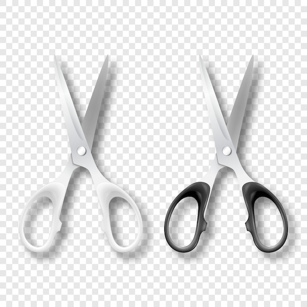 Tijeras de papelería abiertas de metal blanco y negro realista vectorial 3d con manijas de plástico Conjunto de iconos Plantilla de diseño aislada de primer plano de tijeras clásicas para maqueta de gráficos Vista superior
