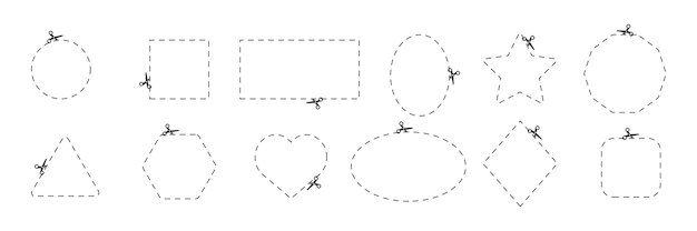 Tijeras con pegatinas de cupones recortadas de diferentes formas sobre fondo blanco Vector EPS 10