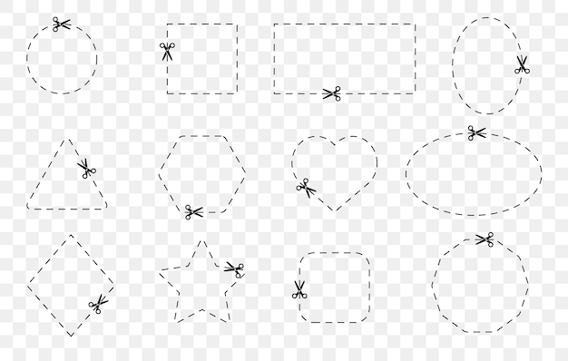 Tijeras con pegatinas de cupones recortadas de diferentes formas sobre fondo transparente Vector EPS 10