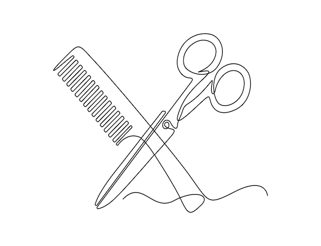 Las tijeras y el peine en una ilustración vectorial de dibujo de una línea continua