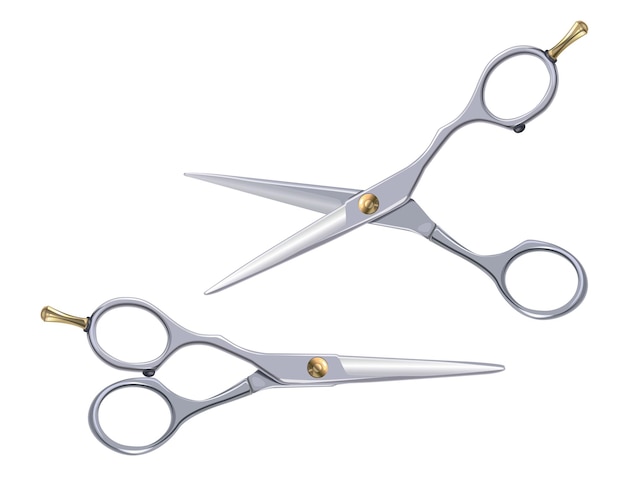 Tijeras realistas. Tijeras profesionales de peluquería. Tijeras vectoriales aisladas sobre fondo blanco.