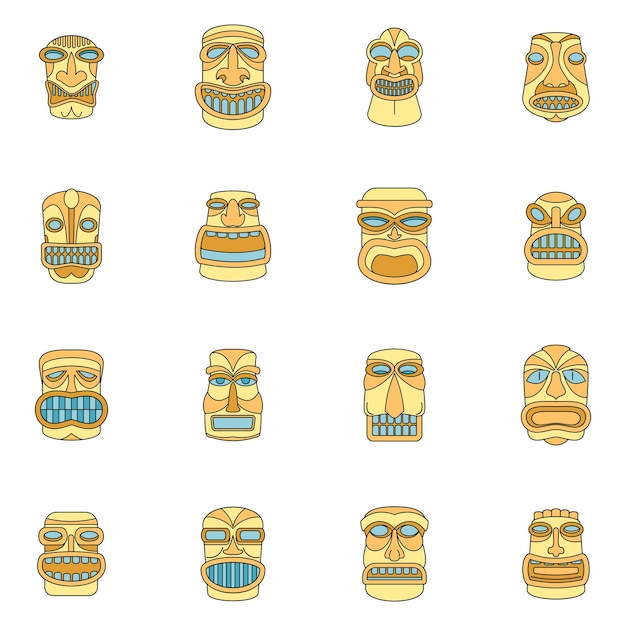 Tiki idol aztec hawaii conjunto de iconos faciales Ilustración del contorno de 16 iconos vectoriales de la cara tiki idol aztec hawaii línea delgada color plano en blanco