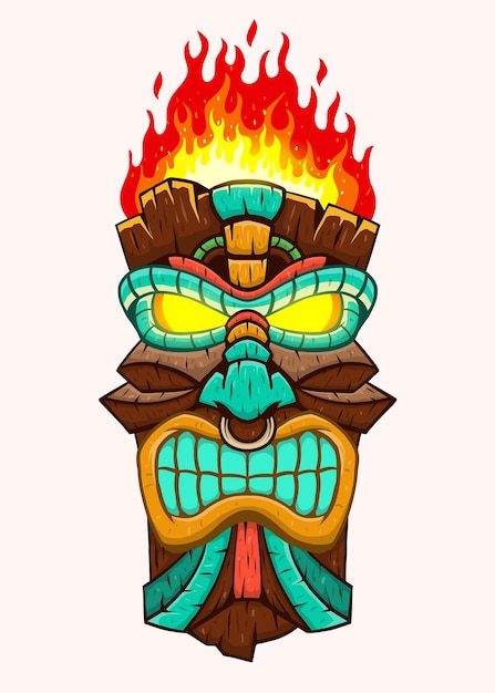 Tiki mask god con fiery torch en la parte superior en estilo de dibujos animados