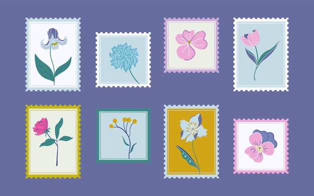 Timbres postales con flores Colección floral hermosa Impresiones botánicas para tarjetas de felicitación