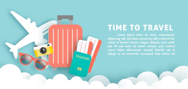 Time to Travel Banner con artículos de viaje
