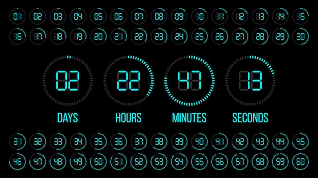 Timer de cuenta atrás Tabla de puntuación de días horas minutos segundos Reloj vectorial digital