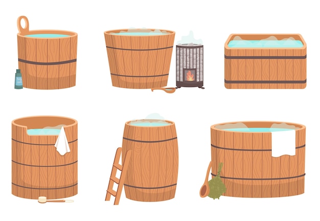 Tina de madera para juego de baño Cubo de olla con agua azul Grietas en tablas Icono de cuenca de agua de sauna Bañera de elemento de casa de baños Procedimientos de spa de bienestar en barril de agua de madera Cuba hecha con tablón aislado