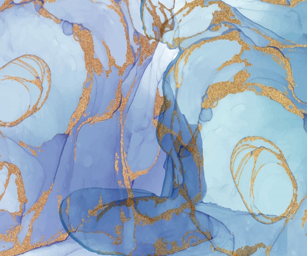 Tinta abstracta azul con textura de oro brillo. Pintado a mano abstracto fondo acuarela
