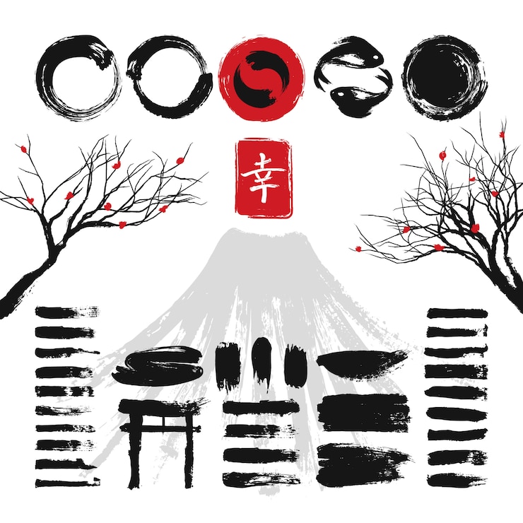 Vector tinta japonesa grunge arte pinceles y elementos de diseño asiático vector conjunto. tinta japonesa textura negra trazo ilustración