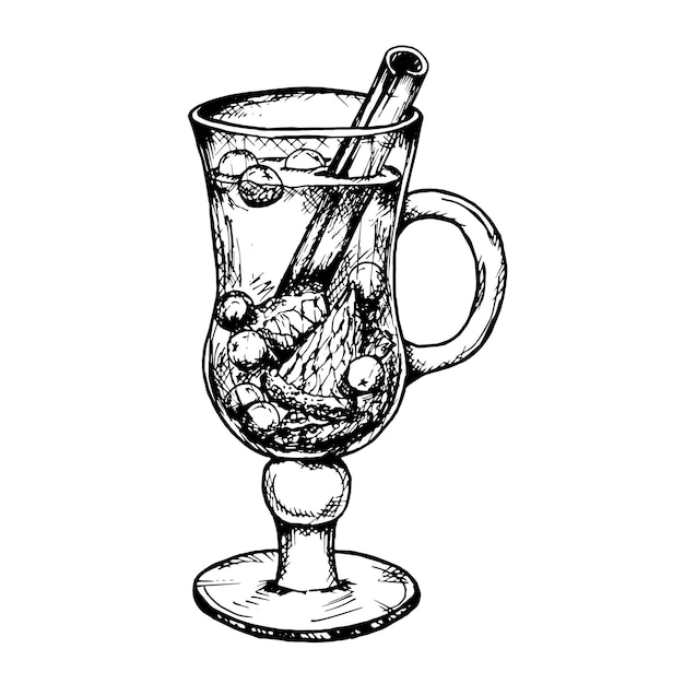 Tinta vectorial dibujada a mano clipart de bebida caliente de invierno en taza de vidrio ponche té de vino caliente con cítricos