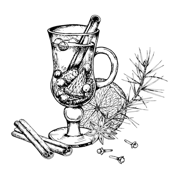 Tinta vectorial dibujada a mano clipart de bebida caliente de invierno en taza de vidrio ponche té de vino caliente con cítricos