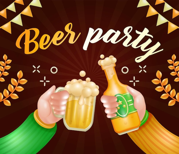 Vector tintineo de botellas de cerveza y vasos de dos mangas con suéteres fiesta en el pub ilustración 3d adecuada para eventos