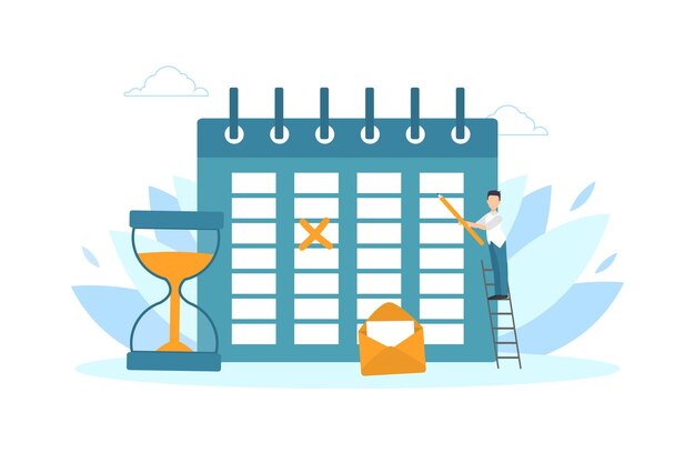 Tiny Businessman Planificación Horario Gestión del tiempo Concepto Ilustración vectorial